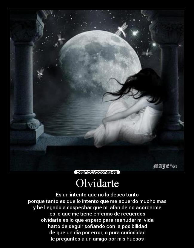 Olvidarte - Es un intento que no lo deseo tanto
porque tanto es que lo intento que me acuerdo mucho mas
y he llegado a sospechar que mi afan de no acordarme
es lo que me tiene enfermo de recuerdos
olvidarte es lo que espero para reanudar mi vida
harto de seguir soñando con la posibilidad
de que un dia por error, o pura curiosidad
le preguntes a un amigo por mis huesos