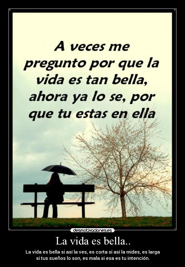 La vida es bella.. - La vida es bella si así la ves, es corta si así la mides, es larga
si tus sueños lo son, es mala si esa es tu intención.