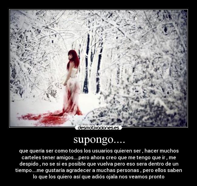 supongo.... - que quería ser como todos los usuarios quieren ser , hacer muchos
carteles tener amigos....pero ahora creo que me tengo que ir , me
despido , no se si es posible que vuelva pero eso sera dentro de un
tiempo....me gustaría agradecer a muchas personas , pero ellos saben
lo que los quiero así que adiós ojala nos veamos pronto