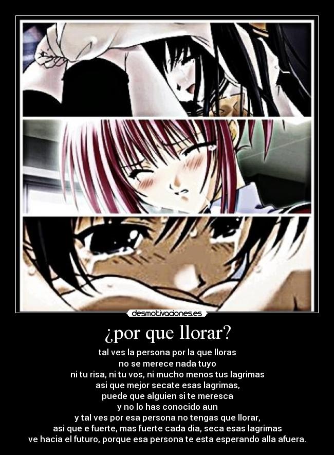 ¿por que llorar? - tal ves la persona por la que lloras
no se merece nada tuyo
ni tu risa, ni tu vos, ni mucho menos tus lagrimas
asi que mejor secate esas lagrimas,
puede que alguien si te meresca
y no lo has conocido aun
y tal ves por esa persona no tengas que llorar,
asi que e fuerte, mas fuerte cada dia, seca esas lagrimas
ve hacia el futuro, porque esa persona te esta esperando alla afuera.