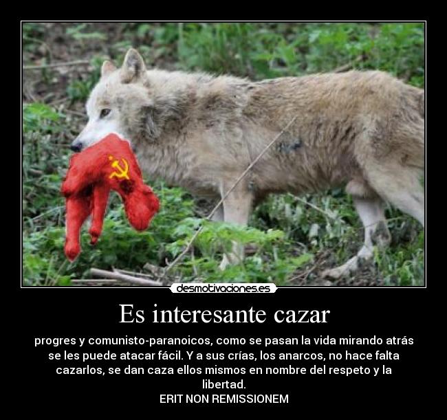 Es interesante cazar - progres y comunisto-paranoicos, como se pasan la vida mirando atrás
se les puede atacar fácil. Y a sus crías, los anarcos, no hace falta
cazarlos, se dan caza ellos mismos en nombre del respeto y la
libertad.
ERIT NON REMISSIONEM