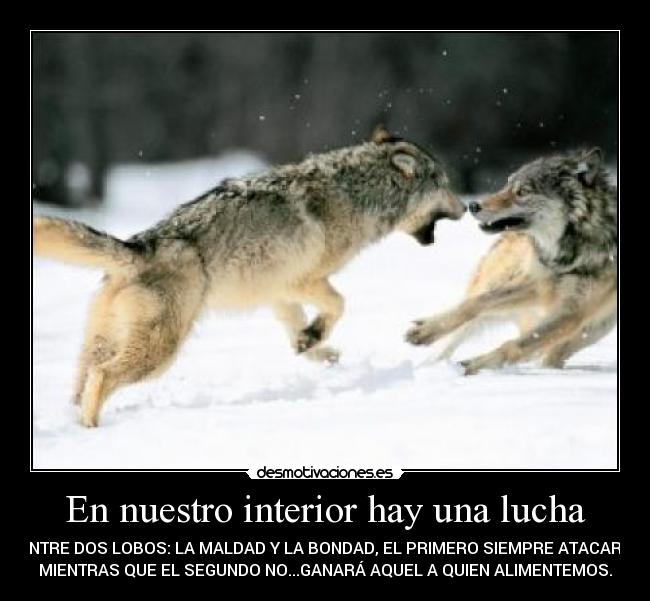 En nuestro interior hay una lucha - ENTRE DOS LOBOS: LA MALDAD Y LA BONDAD, EL PRIMERO SIEMPRE ATACARA
MIENTRAS QUE EL SEGUNDO NO...GANARÁ AQUEL A QUIEN ALIMENTEMOS.