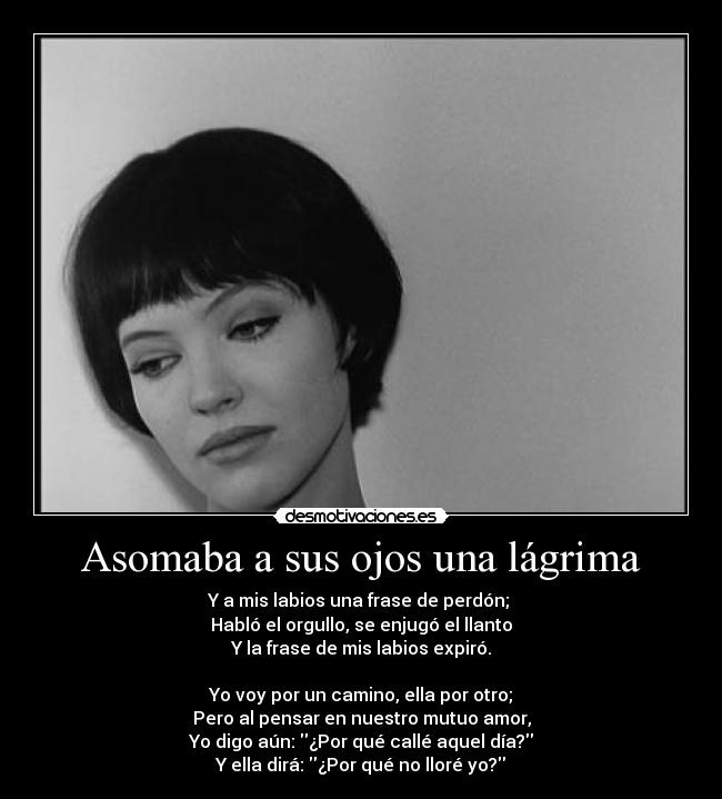 Asomaba a sus ojos una lágrima - Y a mis labios una frase de perdón; 
Habló el orgullo, se enjugó el llanto
Y la frase de mis labios expiró.

Yo voy por un camino, ella por otro;
Pero al pensar en nuestro mutuo amor,
Yo digo aún: ¿Por qué callé aquel día?
Y ella dirá: ¿Por qué no lloré yo?