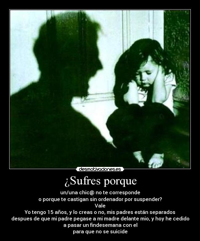 ¿Sufres porque - un/una chic@ no te corresponde
o porque te castigan sin ordenador por suspender?
Vale
Yo tengo 15 años, y lo creas o no, mis padres están separados
despues de que mi padre pegase a mi madre delante mio, y hoy he cedido
a pasar un findesemana con el
para que no se suicide