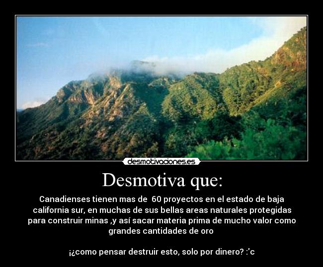 Desmotiva que: - Canadienses tienen mas de 60 proyectos en el estado de baja
california sur, en muchas de sus bellas areas naturales protegidas
para construir minas ,y así sacar materia prima de mucho valor como
grandes cantidades de oro
¡¿como pensar destruir esto, solo por dinero? :c