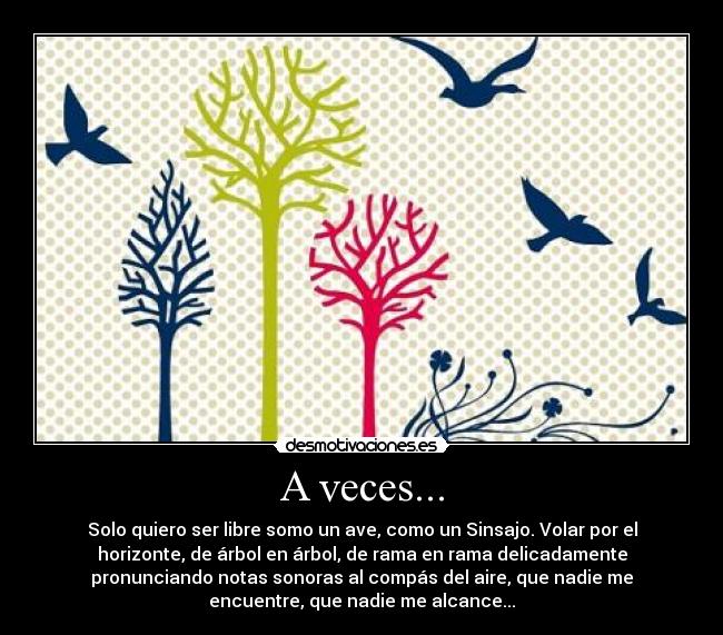 A veces... - Solo quiero ser libre somo un ave, como un Sinsajo. Volar por el
horizonte, de árbol en árbol, de rama en rama delicadamente
pronunciando notas sonoras al compás del aire, que nadie me
encuentre, que nadie me alcance...