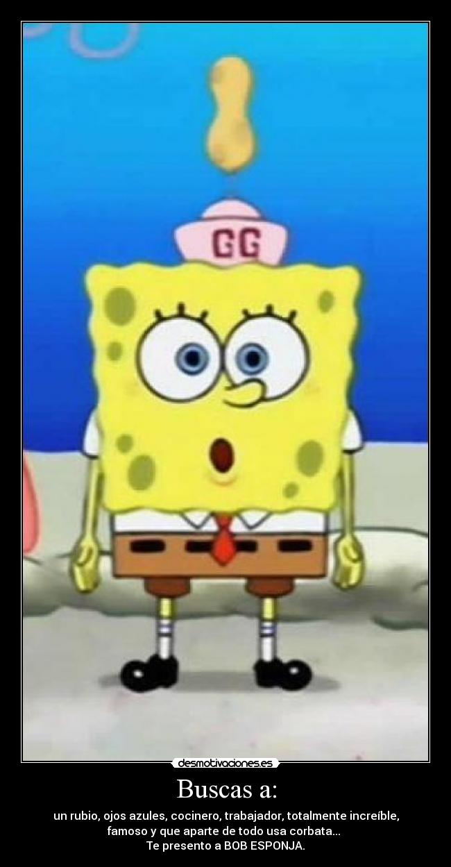 Buscas a: - un rubio, ojos azules, cocinero, trabajador, totalmente increíble,
famoso y que aparte de todo usa corbata...
Te presento a BOB ESPONJA.