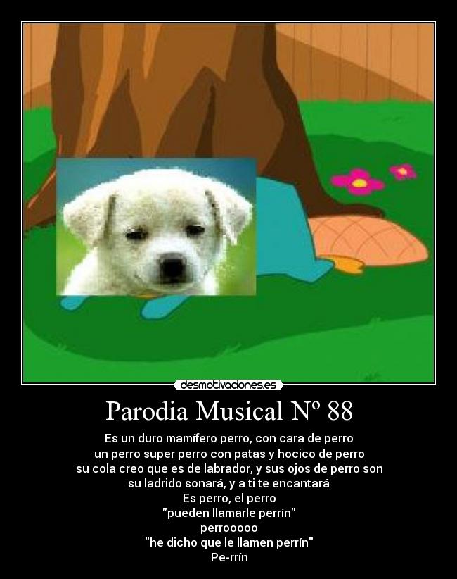 Parodia Musical Nº 88 - Es un duro mamífero perro, con cara de perro
un perro super perro con patas y hocico de perro
su cola creo que es de labrador, y sus ojos de perro son
su ladrido sonará, y a ti te encantará
Es perro, el perro
pueden llamarle perrín
perrooooo
he dicho que le llamen perrín
Pe-rrín