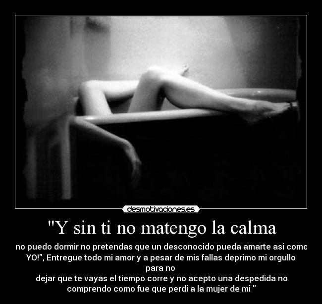 Y sin ti no matengo la calma - no puedo dormir no pretendas que un desconocido pueda amarte asi como
YO!, Entregue todo mi amor y a pesar de mis fallas deprimo mi orgullo
para no
dejar que te vayas el tiempo corre y no acepto una despedida no
comprendo como fue que perdi a la mujer de mi