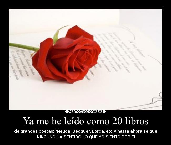 Ya me he leído como 20 libros - de grandes poetas: Neruda, Bécquer, Lorca, etc y hasta ahora se que
NINGUNO HA SENTIDO LO QUE YO SIENTO POR TI
