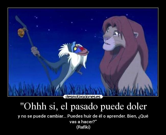Ohhh si, el pasado puede doler - y no se puede cambiar... Puedes huir de él o aprender. Bien, ¿Qué vas a hacer?
(Rafiki)
