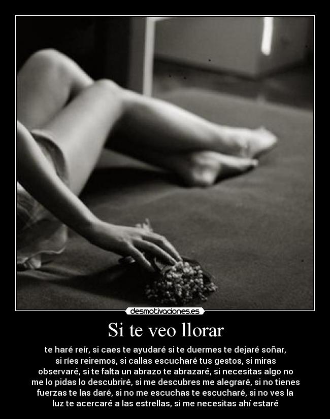 Si te veo llorar - te haré reír, si caes te ayudaré si te duermes te dejaré soñar,
si ríes reiremos, si callas escucharé tus gestos, si miras
observaré, si te falta un abrazo te abrazaré, si necesitas algo no
me lo pidas lo descubriré, si me descubres me alegraré, si no tienes
fuerzas te las daré, si no me escuchas te escucharé, si no ves la
luz te acercaré a las estrellas, si me necesitas ahí estaré