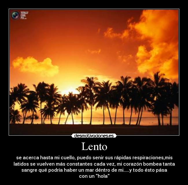 Lento - se acerca hasta mi cuello, puedo senir sus rápidas respiraciones,mis
latidos se vuelven más constantes cada vez, mi corazón bombea tanta
sangre qué podría haber un mar déntro de mi.....y todo ésto pása
con un hola