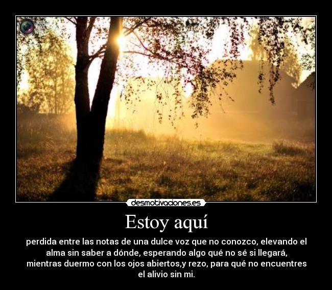 Estoy aquí - perdida entre las notas de una dulce voz que no conozco, elevando el
alma sin saber a dónde, esperando algo qué no sé si llegará,
mientras duermo con los ojos abiertos,y rezo, para qué no encuentres
el alivio sin mi.
