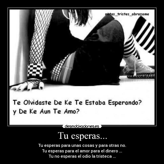 Tu esperas... - Tu esperas para unas cosas y para otras no.
Tu esperas para el amor para el dinero ...
Tu no esperas el odio la tristeca ...