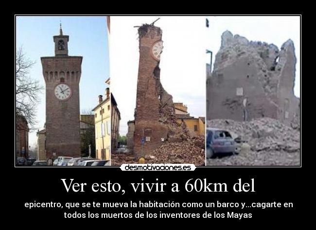 Ver esto, vivir a 60km del - epicentro, que se te mueva la habitación como un barco y...cagarte en
todos los muertos de los inventores de los Mayas