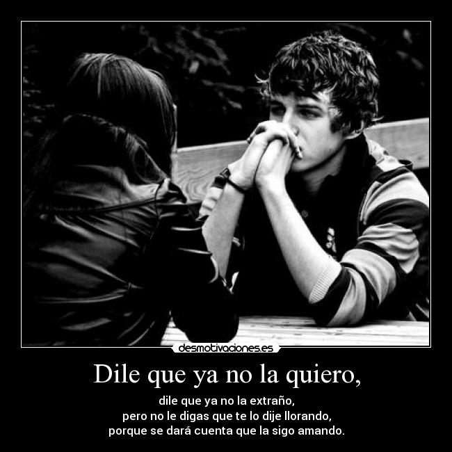 Dile que ya no la quiero, - dile que ya no la extraño,
pero no le digas que te lo dije llorando,
porque se dará cuenta que la sigo amando.