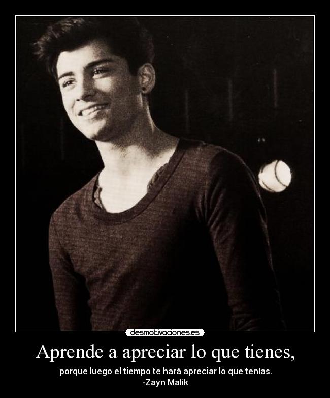 Aprende a apreciar lo que tienes, - porque luego el tiempo te hará apreciar lo que tenías.
-Zayn Malik