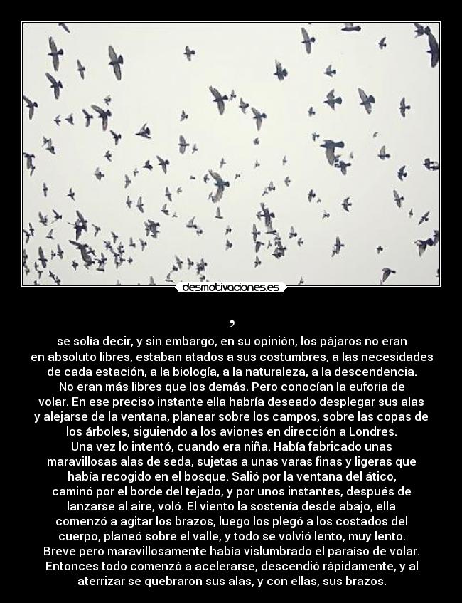 , - se solía decir, y sin embargo, en su opinión, los pájaros no eran
en absoluto libres, estaban atados a sus costumbres, a las necesidades
de cada estación, a la biología, a la naturaleza, a la descendencia.
No eran más libres que los demás. Pero conocían la euforia de
volar. En ese preciso instante ella habría deseado desplegar sus alas
y alejarse de la ventana, planear sobre los campos, sobre las copas de
los árboles, siguiendo a los aviones en dirección a Londres.
Una vez lo intentó, cuando era niña. Había fabricado unas
maravillosas alas de seda, sujetas a unas varas finas y ligeras que
había recogido en el bosque. Salió por la ventana del ático,
caminó por el borde del tejado, y por unos instantes, después de
lanzarse al aire, voló. El viento la sostenía desde abajo, ella
comenzó a agitar los brazos, luego los plegó a los costados del
cuerpo, planeó sobre el valle, y todo se volvió lento, muy lento.
Breve pero maravillosamente había vislumbrado el paraíso de volar.
Entonces todo comenzó a acelerarse, descendió rápidamente, y al
aterrizar se quebraron sus alas, y con ellas, sus brazos.