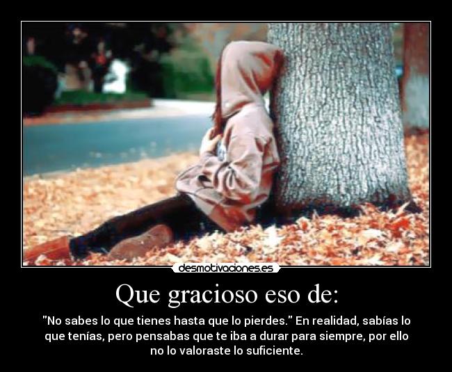 Que gracioso eso de: - No sabes lo que tienes hasta que lo pierdes. En realidad, sabías lo
que tenías, pero pensabas que te iba a durar para siempre, por ello
no lo valoraste lo suficiente.