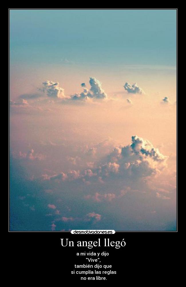 Un angel llegó - a mi vida y dijo
Vive,
también dijo que
si cumplía las reglas
no era libre.