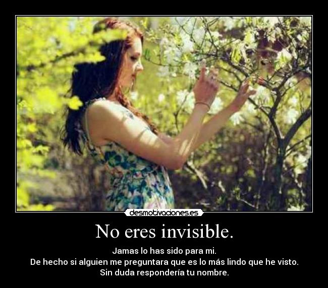 No eres invisible. - Jamas lo has sido para mi.
De hecho si alguien me preguntara que es lo más lindo que he visto.
Sin duda respondería tu nombre.