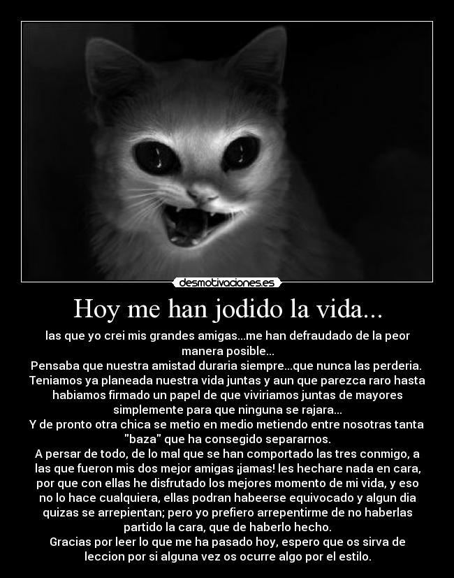 Hoy me han jodido la vida... - las que yo crei mis grandes amigas...me han defraudado de la peor
manera posible...
Pensaba que nuestra amistad duraria siempre...que nunca las perderia. 
Teniamos ya planeada nuestra vida juntas y aun que parezca raro hasta
habiamos firmado un papel de que viviriamos juntas de mayores
simplemente para que ninguna se rajara...
Y de pronto otra chica se metio en medio metiendo entre nosotras tanta
baza que ha consegido separarnos.
A persar de todo, de lo mal que se han comportado las tres conmigo, a
las que fueron mis dos mejor amigas ¡jamas! les hechare nada en cara,
por que con ellas he disfrutado los mejores momento de mi vida, y eso
no lo hace cualquiera, ellas podran habeerse equivocado y algun dia
quizas se arrepientan; pero yo prefiero arrepentirme de no haberlas
partido la cara, que de haberlo hecho.
Gracias por leer lo que me ha pasado hoy, espero que os sirva de
leccion por si alguna vez os ocurre algo por el estilo.