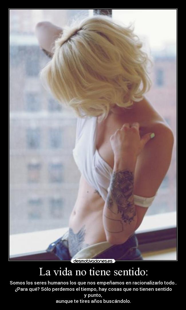 La vida no tiene sentido: - Somos los seres humanos los que nos empeñamos en racionalizarlo todo..
¿Para qué? Sólo perdemos el tiempo, hay cosas que no tienen sentido
y punto,
aunque te tires años buscándolo.