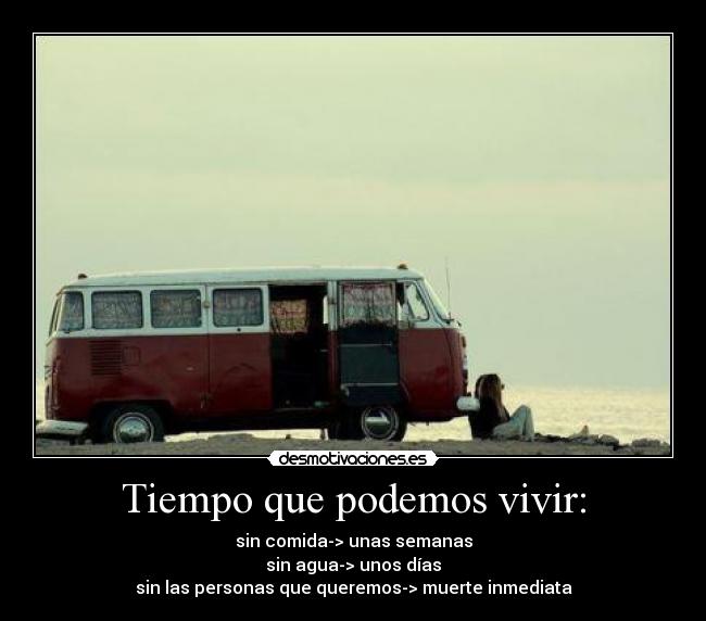 Tiempo que podemos vivir: - sin comida-> unas semanas
sin agua-> unos días
sin las personas que queremos-> muerte inmediata