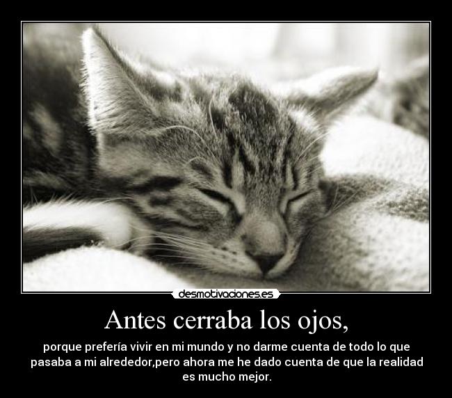 Antes cerraba los ojos, - porque prefería vivir en mi mundo y no darme cuenta de todo lo que
pasaba a mi alrededor,pero ahora me he dado cuenta de que la realidad
es mucho mejor.