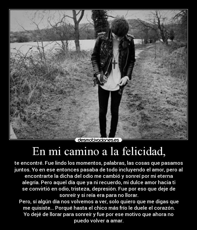 En mi camino a la felicidad, - te encontré. Fue lindo los momentos, palabras, las cosas que pasamos
juntos. Yo en ese entonces pasaba de todo incluyendo el amor, pero al
encontrarte la dicha del odio me cambió y sonreí por mi eterna
alegría. Pero aquel día que ya ni recuerdo, mi dulce amor hacia ti
se convirtió en odio, tristeza, depresión. Fue por eso que deje de
sonreír y si reía era para no llorar.
Pero, sí algún día nos volvemos a ver, solo quiero que me digas que
me quisiste... Porqué hasta el chico más frío le duele el corazón.
Yo dejé de llorar para sonreír y fue por ese motivo que ahora no
puedo volver a amar.