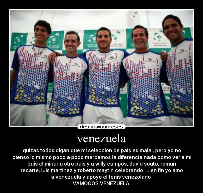 venezuela - quizas todos digan que mi seleccion de pais es mala , pero yo no
pienso lo mismo poco a poco marcamos la diferencia nada como ver a mi
pais eliminar a otro pais y a willy campos, david souto, roman
recarte, luis martinez y roberto maytin celebrando ...en fin yo amo
a venezuela y apoyo el tenis venezolano
VAMOOOS VENEZUELA ♥