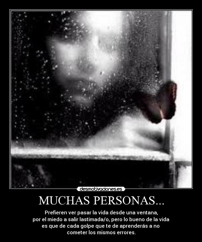 MUCHAS PERSONAS... - Prefieren ver pasar la vida desde una ventana,
por el miedo a salir lastimada/o, pero lo bueno de la vida
es que de cada golpe que te de aprenderás a no
cometer los mismos errores.