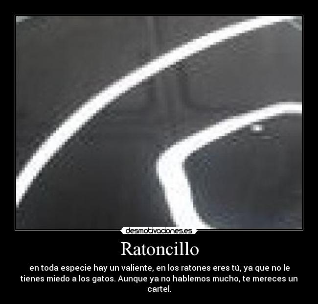 Ratoncillo - en toda especie hay un valiente, en los ratones eres tú, ya que no le
tienes miedo a los gatos. Aunque ya no hablemos mucho, te mereces un
cartel.