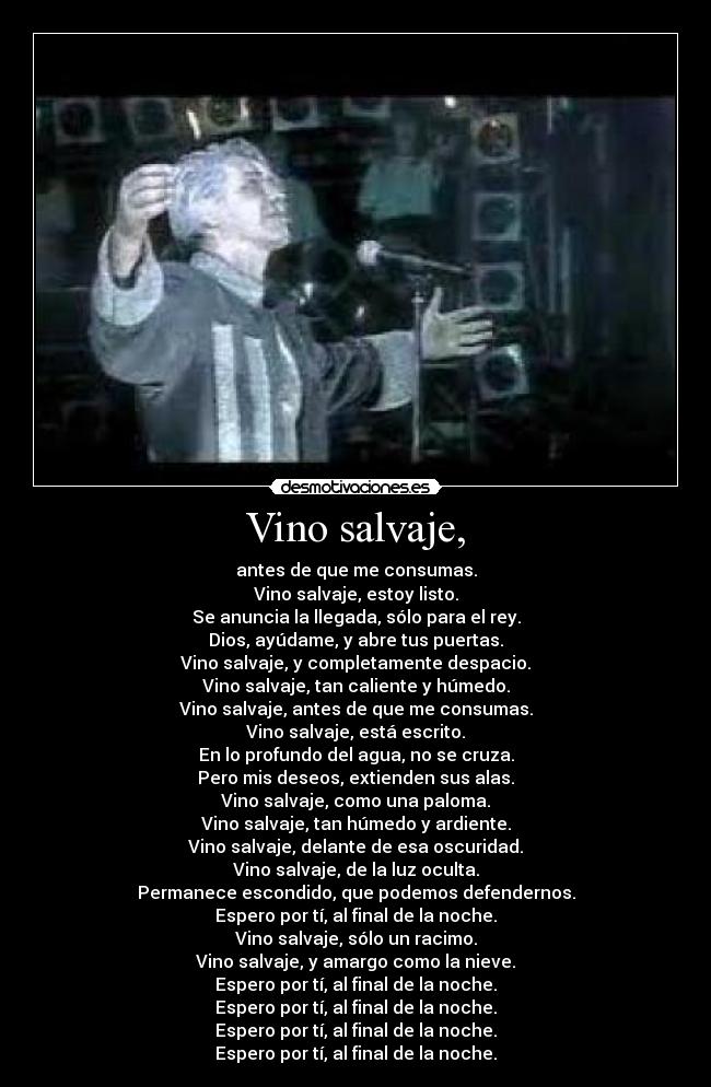 Vino salvaje, - antes de que me consumas.
Vino salvaje, estoy listo.
Se anuncia la llegada, sólo para el rey.
Dios, ayúdame, y abre tus puertas.
Vino salvaje, y completamente despacio.
Vino salvaje, tan caliente y húmedo.
Vino salvaje, antes de que me consumas.
Vino salvaje, está escrito.
En lo profundo del agua, no se cruza.
Pero mis deseos, extienden sus alas.
Vino salvaje, como una paloma.
Vino salvaje, tan húmedo y ardiente.
Vino salvaje, delante de esa oscuridad.
Vino salvaje, de la luz oculta.
Permanece escondido, que podemos defendernos.
Espero por tí, al final de la noche.
Vino salvaje, sólo un racimo.
Vino salvaje, y amargo como la nieve.
Espero por tí, al final de la noche.
Espero por tí, al final de la noche.
Espero por tí, al final de la noche.
Espero por tí, al final de la noche.