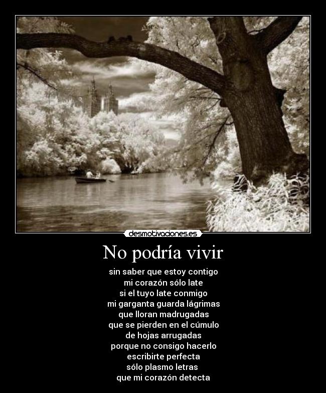 No podría vivir - sin saber que estoy contigo
mi corazón sólo late
si el tuyo late conmigo
mi garganta guarda lágrimas
que lloran madrugadas
que se pierden en el cúmulo
de hojas arrugadas
porque no consigo hacerlo
escribirte perfecta
sólo plasmo letras
que mi corazón detecta