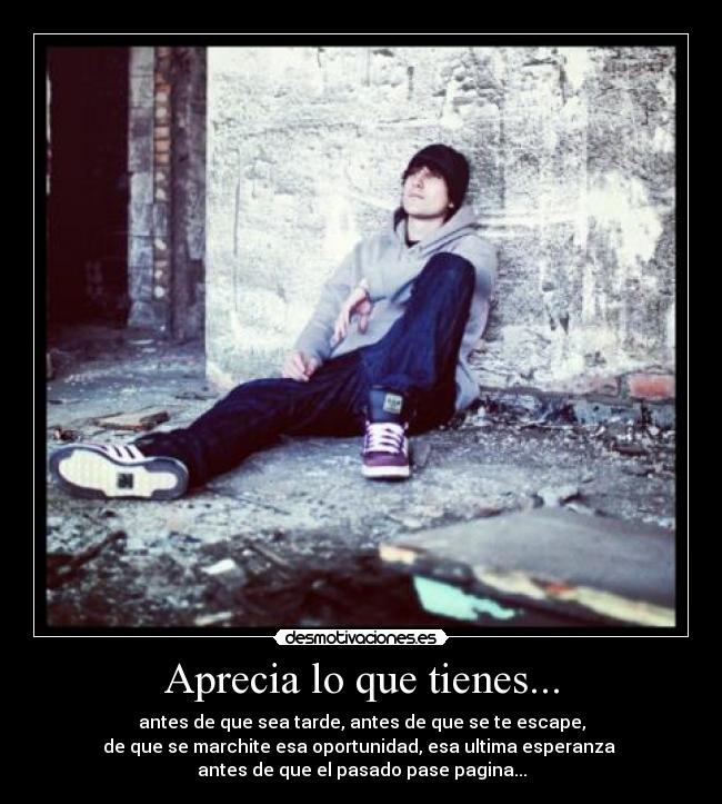 Aprecia lo que tienes... - antes de que sea tarde, antes de que se te escape,
de que se marchite esa oportunidad, esa ultima esperanza
antes de que el pasado pase pagina...