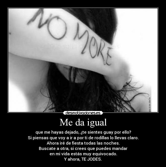 Me da igual - que me hayas dejado, ¿te sientes guay por ello?
Si piensas que voy a ir a por ti de rodillas lo llevas claro.
Ahora iré de fiesta todas las noches.
Buscate a otra, si crees que puedes mandar
en mi vida estás muy equivocado.
Y ahora, TE JODES.