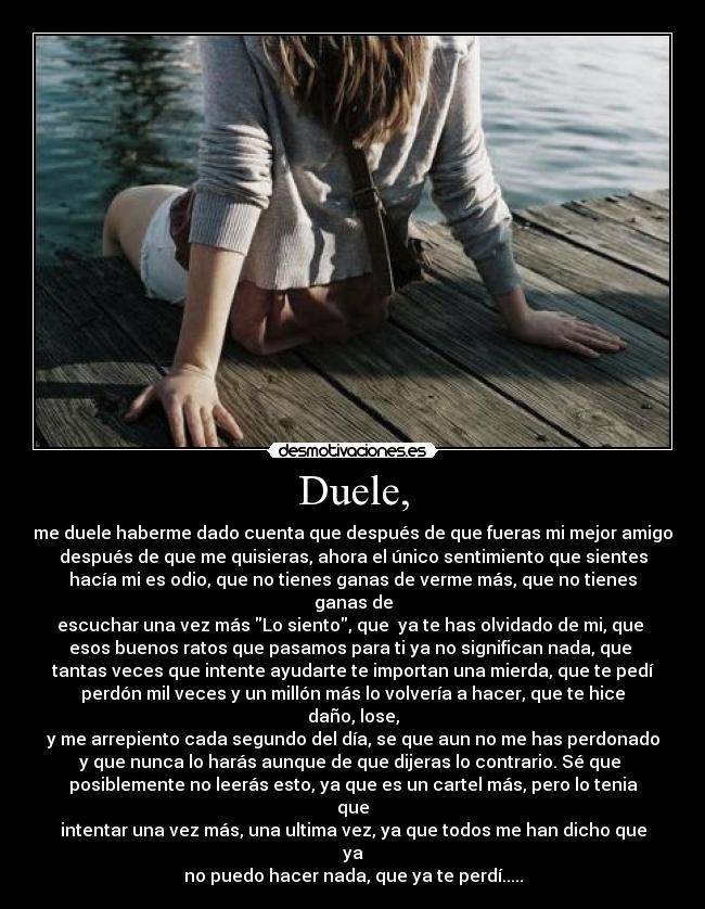 Duele, - me duele haberme dado cuenta que después de que fueras mi mejor amigo
después de que me quisieras, ahora el único sentimiento que sientes
hacía mi es odio, que no tienes ganas de verme más, que no tienes ganas de
escuchar una vez más Lo siento, que  ya te has olvidado de mi, que 
esos buenos ratos que pasamos para ti ya no significan nada, que 
tantas veces que intente ayudarte te importan una mierda, que te pedí
perdón mil veces y un millón más lo volvería a hacer, que te hice daño, lose,
y me arrepiento cada segundo del día, se que aun no me has perdonado
y que nunca lo harás aunque de que dijeras lo contrario. Sé que 
posiblemente no leerás esto, ya que es un cartel más, pero lo tenia que
intentar una vez más, una ultima vez, ya que todos me han dicho que ya
no puedo hacer nada, que ya te perdí.....