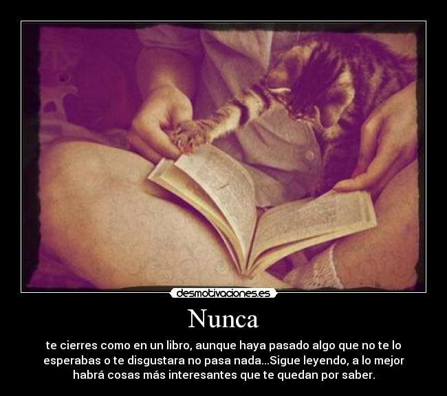 Nunca - te cierres como en un libro, aunque haya pasado algo que no te lo
esperabas o te disgustara no pasa nada...Sigue leyendo, a lo mejor
habrá cosas más interesantes que te quedan por saber.