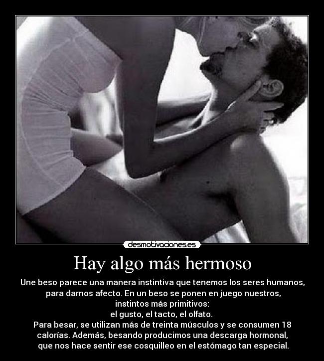 Hay algo más hermoso - Une beso parece una manera instintiva que tenemos los seres humanos,
para darnos afecto. En un beso se ponen en juego nuestros,
instintos más primitivos:
el gusto, el tacto, el olfato.
Para besar, se utilizan más de treinta músculos y se consumen 18
calorías. Además, besando producimos una descarga hormonal,
que nos hace sentir ese cosquilleo en el estómago tan especial.