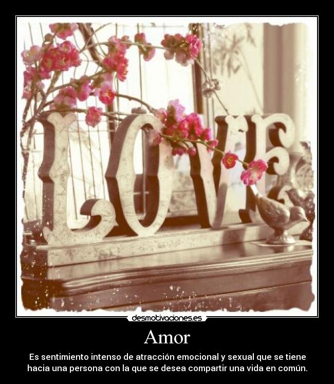 Amor - Es sentimiento intenso de atracción emocional y sexual que se tiene
hacia una persona con la que se desea compartir una vida en común.