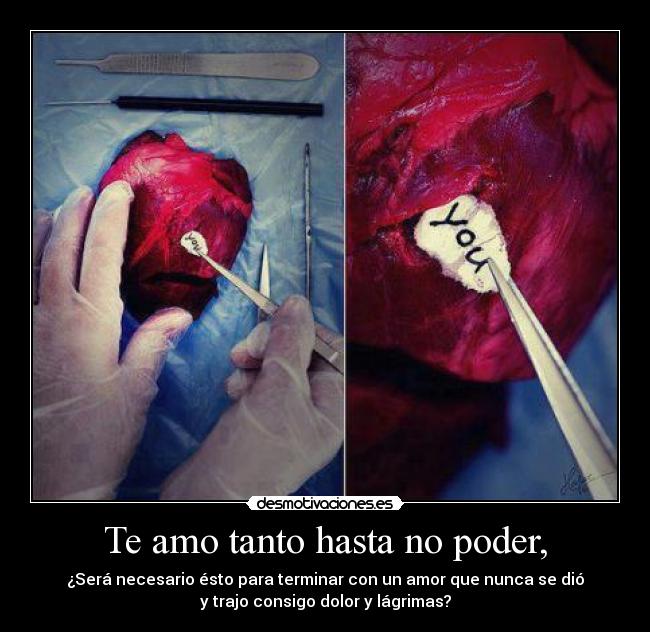 Te amo tanto hasta no poder, - ¿Será necesario ésto para terminar con un amor que nunca se dió
y trajo consigo dolor y lágrimas?