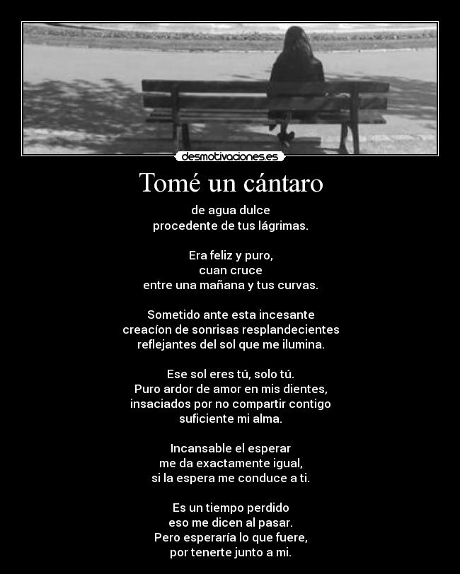 Tomé un cántaro - de agua dulce
procedente de tus lágrimas.

Era feliz y puro,
cuan cruce
entre una mañana y tus curvas.

Sometido ante esta incesante
creacíon de sonrisas resplandecientes
reflejantes del sol que me ilumina.

Ese sol eres tú, solo tú.
Puro ardor de amor en mis dientes,
insaciados por no compartir contigo
suficiente mi alma.

Incansable el esperar
me da exactamente igual,
si la espera me conduce a ti.

Es un tiempo perdido
eso me dicen al pasar.
Pero esperaría lo que fuere,
por tenerte junto a mi.