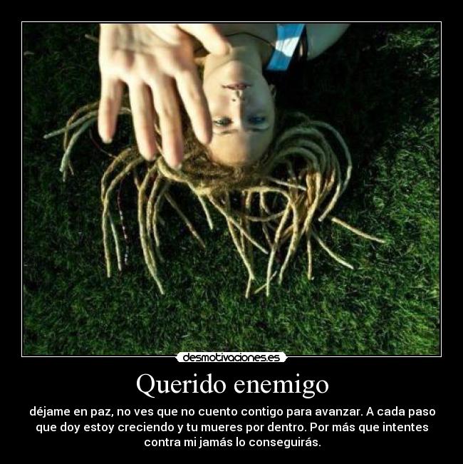 Querido enemigo - déjame en paz, no ves que no cuento contigo para avanzar. A cada paso
que doy estoy creciendo y tu mueres por dentro. Por más que intentes
contra mi jamás lo conseguirás.