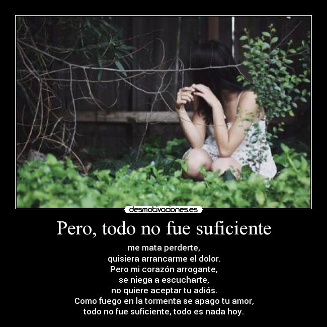 Pero, todo no fue suficiente - me mata perderte,
quisiera arrancarme el dolor.
Pero mi corazón arrogante,
se niega a escucharte,
no quiere aceptar tu adiós.
Como fuego en la tormenta se apago tu amor,
todo no fue suficiente, todo es nada hoy.