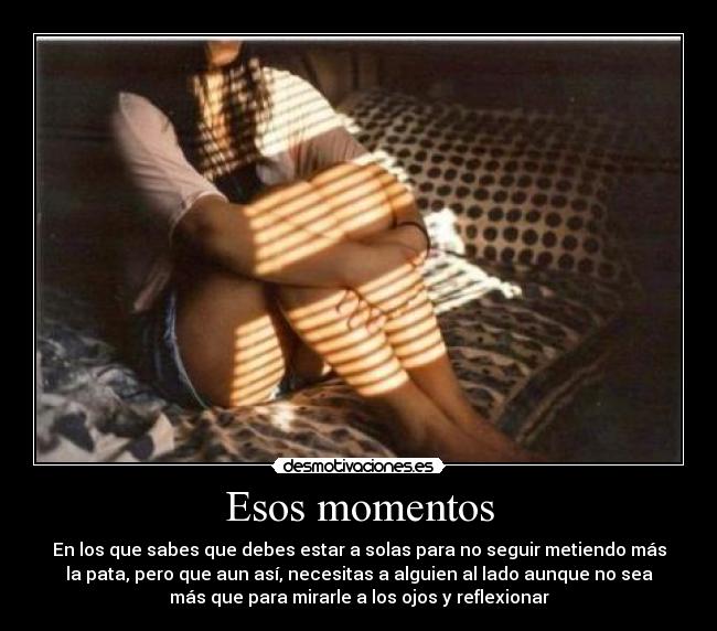 Esos momentos - En los que sabes que debes estar a solas para no seguir metiendo más
la pata, pero que aun así, necesitas a alguien al lado aunque no sea
más que para mirarle a los ojos y reflexionar