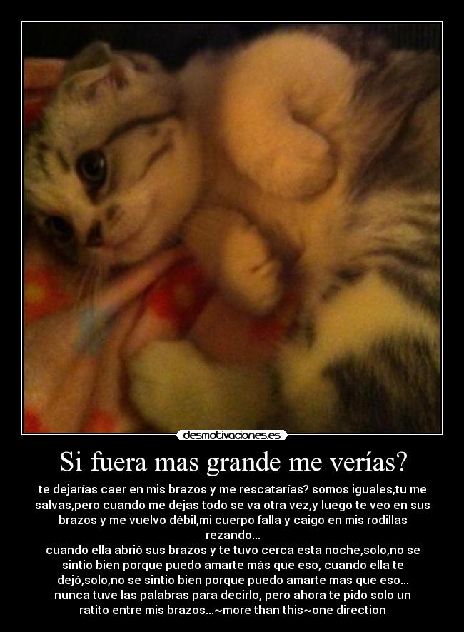 Si fuera mas grande me verías? - te dejarías caer en mis brazos y me rescatarías? somos iguales,tu me
salvas,pero cuando me dejas todo se va otra vez,y luego te veo en sus
brazos y me vuelvo débil,mi cuerpo falla y caigo en mis rodillas
rezando...
cuando ella abrió sus brazos y te tuvo cerca esta noche,solo,no se
sintio bien porque puedo amarte más que eso, cuando ella te
dejó,solo,no se sintio bien porque puedo amarte mas que eso...
nunca tuve las palabras para decirlo, pero ahora te pido solo un
ratito entre mis brazos...~more than this~one direction♥