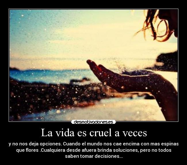 La vida es cruel a veces - y no nos deja opciones. Cuando el mundo nos cae encima con mas espinas
que flores .Cualquiera desde afuera brinda soluciones, pero no todos
saben tomar decisiones...
