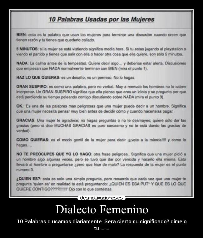 Dialecto Femenino - 10 Palabras q usamos diariamente..Sera cierto su significado? dimelo tu........